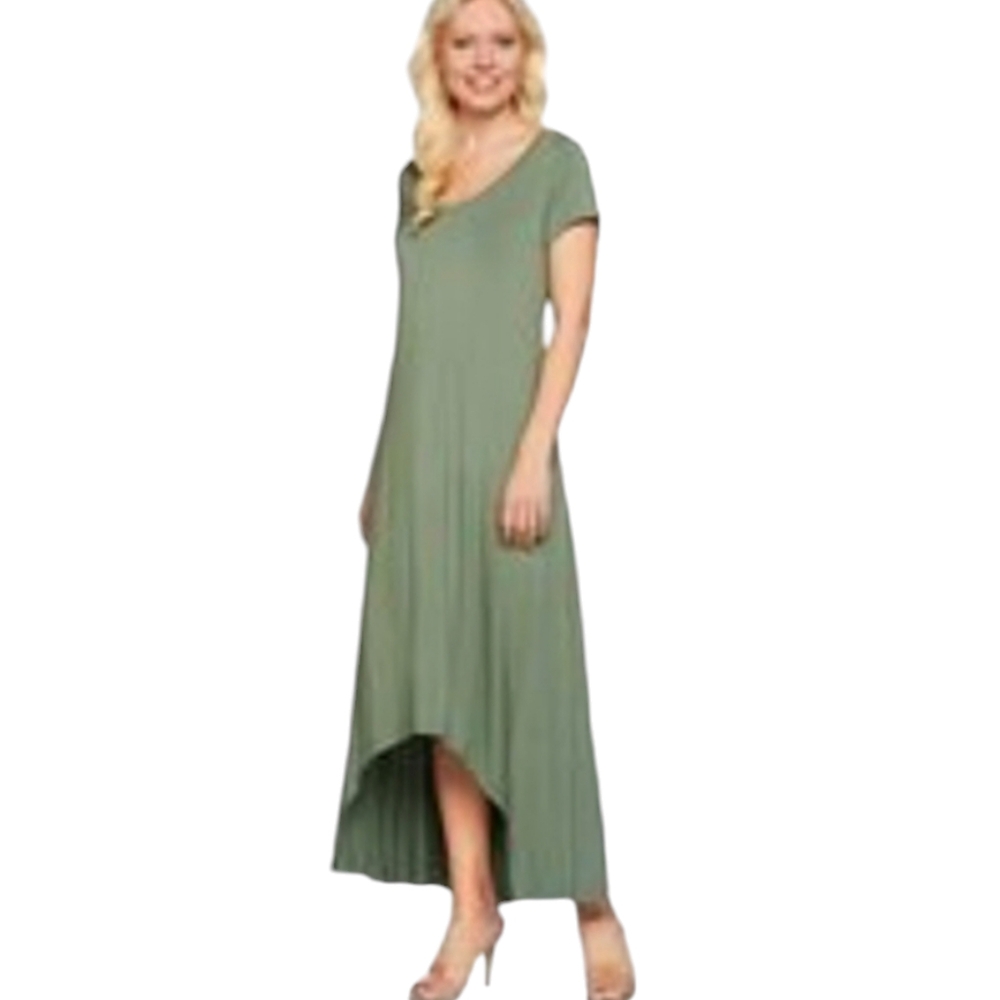 H by Halston Dress Size LP Hi-low Hem Knit Maxi Short Sleeve olive Green